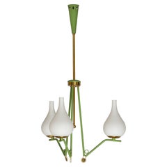 Elegant 1950s Italian Brass and Green Metal Pendant Chandelier