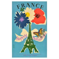 Original Vintage Travel Poster France Happy Holidays SNCF Railway Eiffel Tower