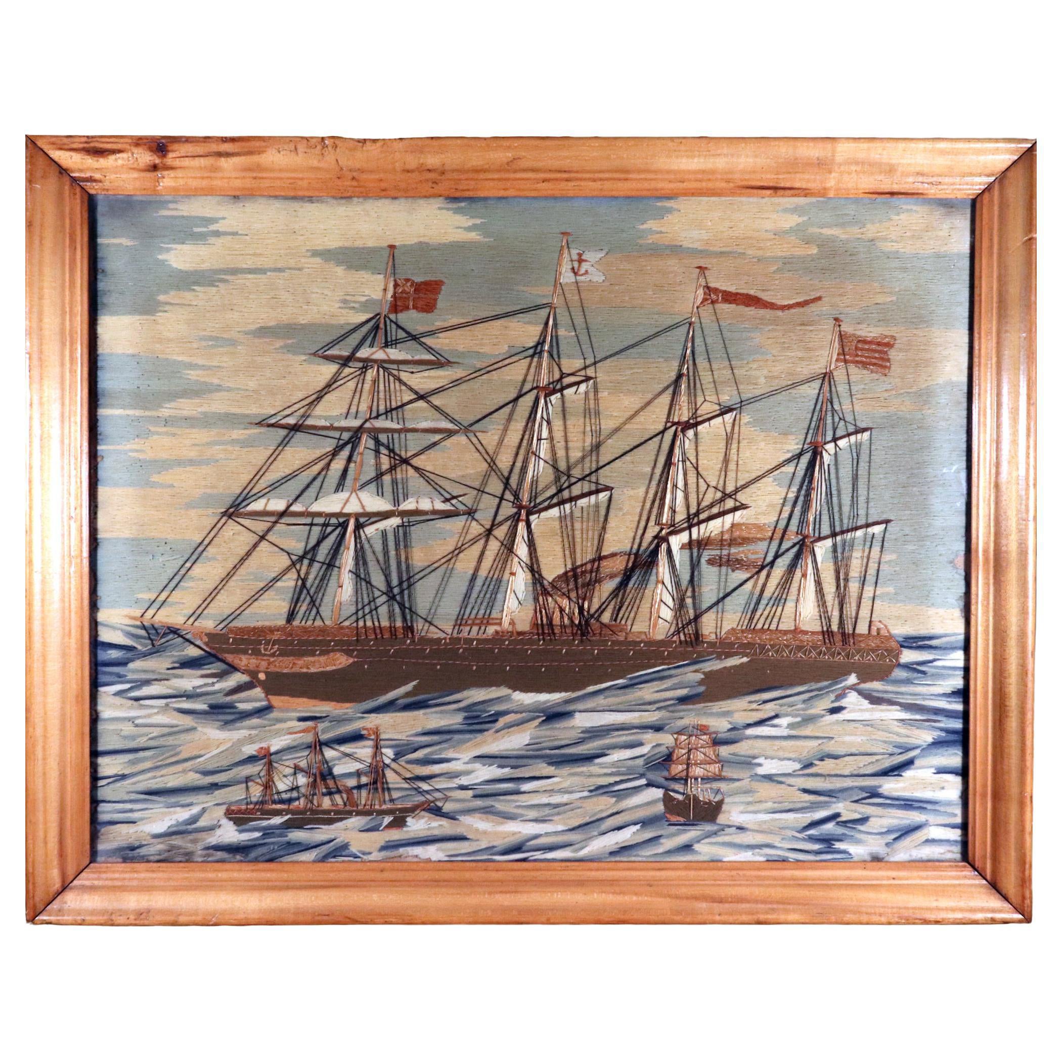 Gran obra de lana de marinero británico con barco llamado La ciudad de Roma en un mar embravecido en venta