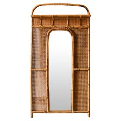 Large Wall Coat Hanger With Mirror In Rattan And Vienna Straw, 1980