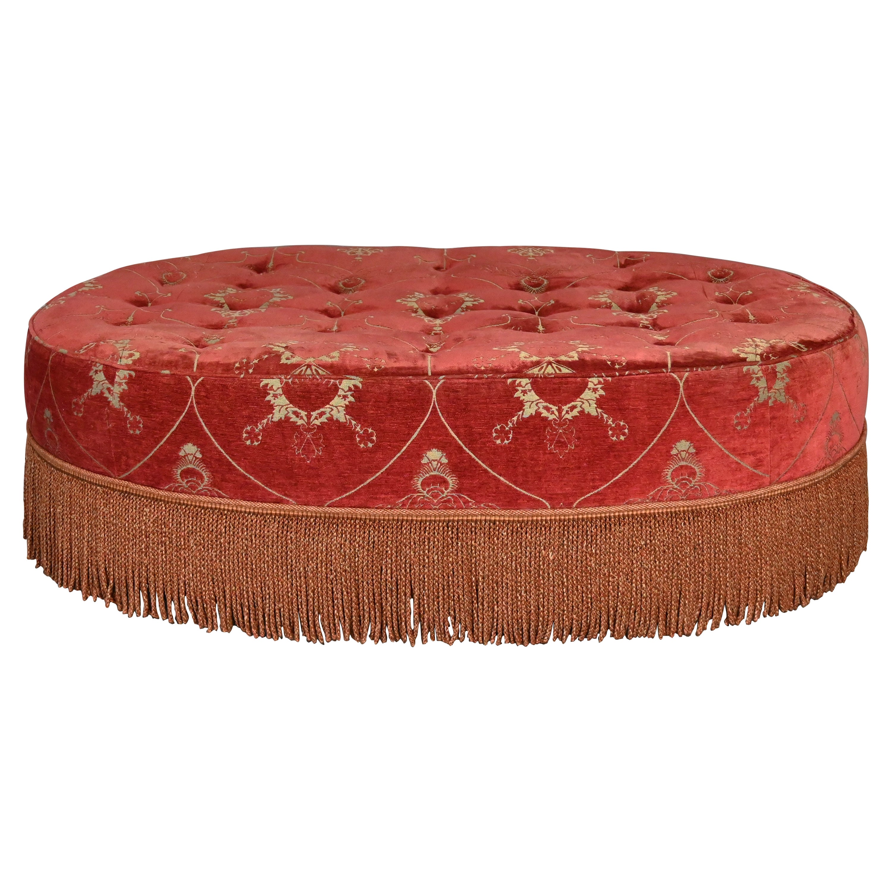 Vintage Traditional Large Oval Cocktail Ottoman Rust Fabric Bullion Fringe Trim