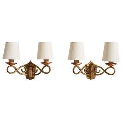 French Designer, Wall Lights, Brass, Copper, Fabric, France, 1940s
