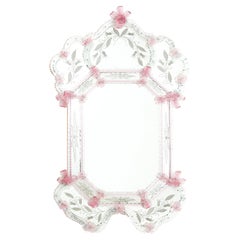Murano Glass Venetian Mirror with Delicate Pink Accents and Engraved Details