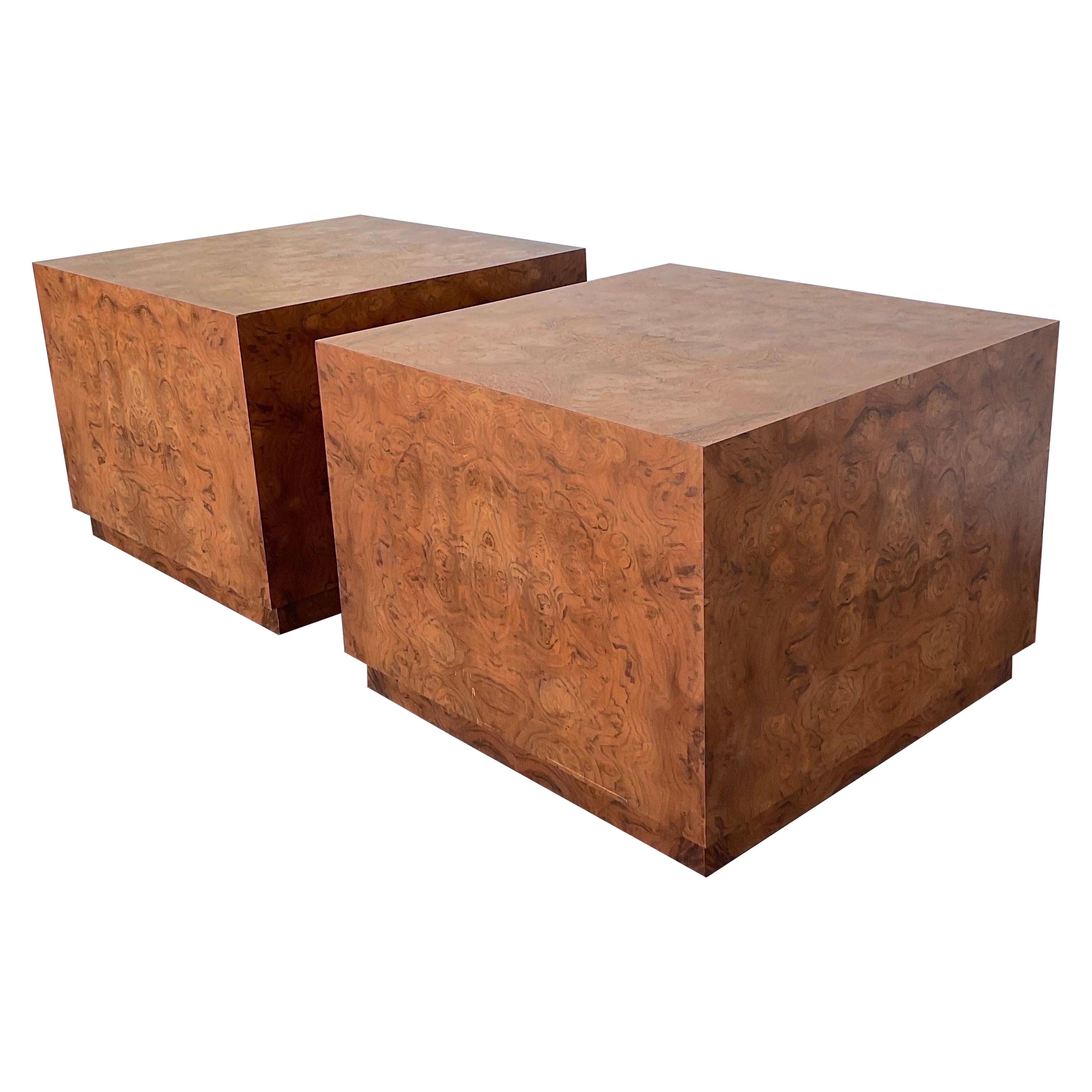 1970s Burl Wood Cube Side Tables, a Pair