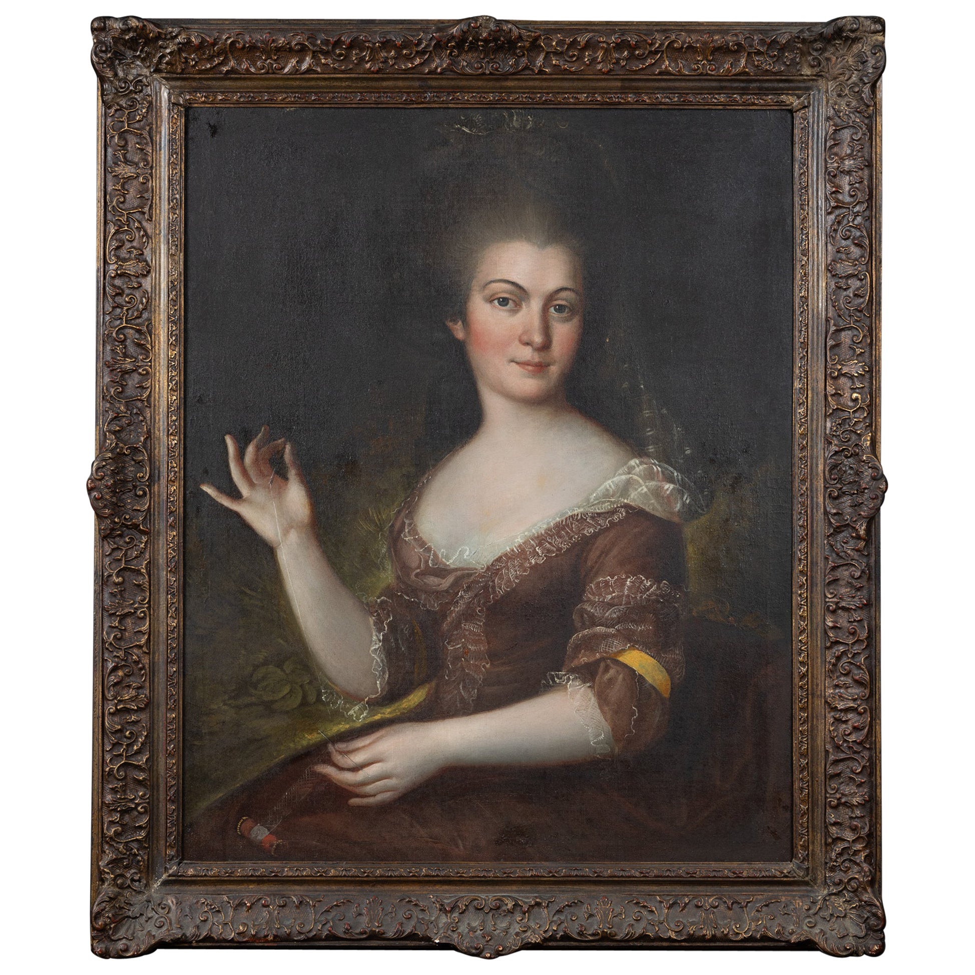 French 18th Century Portrait of a Lady in Elegant Brown Gown, Trimmed in Lace