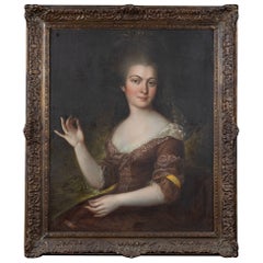 French 18th Century Portrait of a Lady in Elegant Brown Gown, Trimmed in Lace