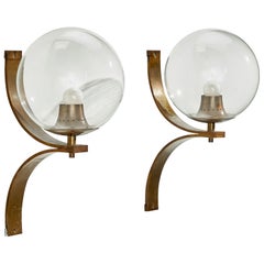 Italian Designer, Wall Lights, Brass, Glass, Italy, 1960s