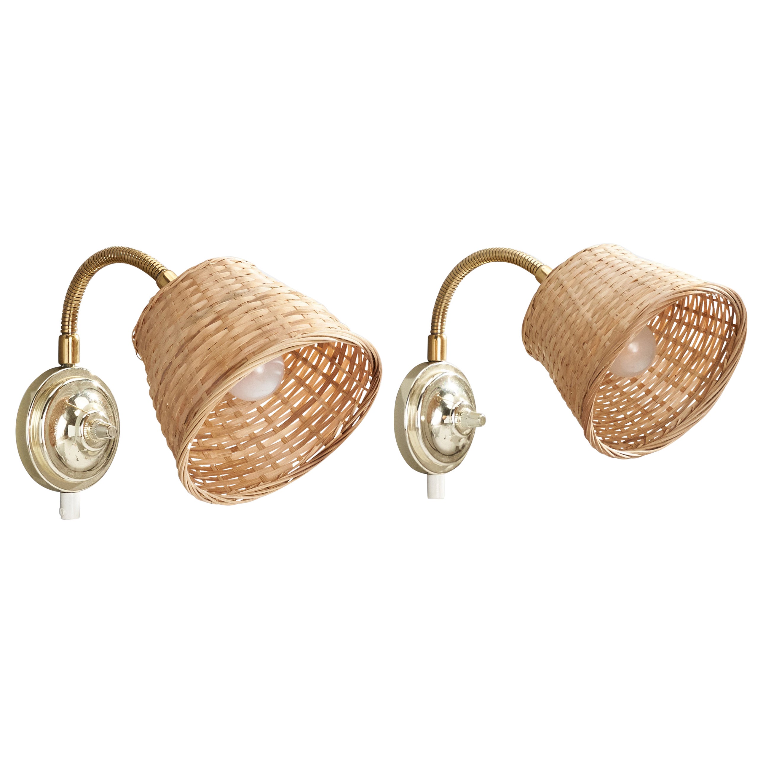 Swedish Designer, Wall Lights, Brass, Metal, Rattan, Sweden, 1970s For Sale