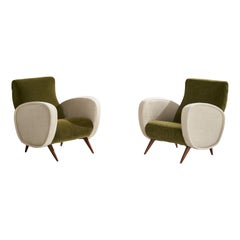 Italian Designer, Lounge Chairs, Fabric, Mohair, Walnut, Italy, 1950s