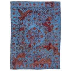 Blue Vintage Persian Overdyed Scatter Wool Rug With Floral Motif
