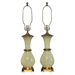 Vintage Paul Hansen Hollywood Regency Bronze Mounted Vaseline Glass Lamps, Pair
