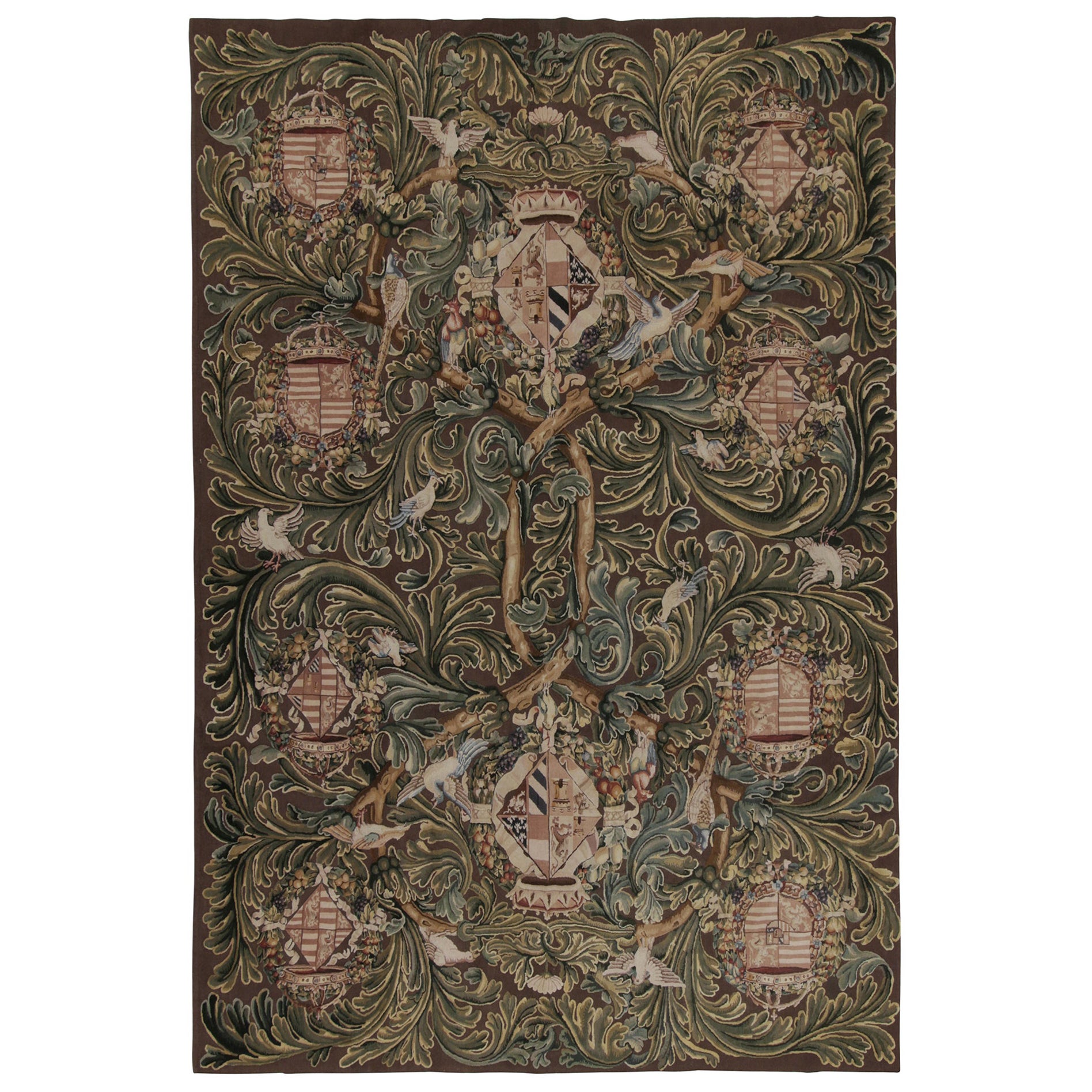 Rug & Kilim’s Armorial Tudor Style Kilim Rug in Black with Beige, Blue & Gold