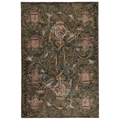 Rug & Kilim’s Armorial Tudor Style Kilim Rug in Black with Beige, Blue & Gold