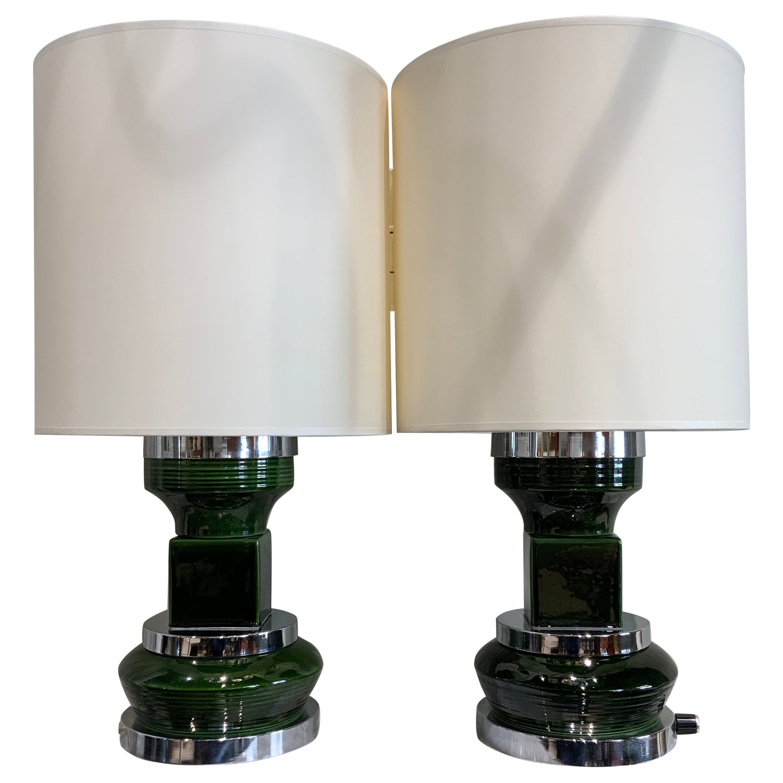 Pair of French ceramic lamps with steel base circa 1970 For Sale