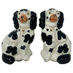 Pair Antique English Staffordshire Pottery Dogs in Black & White, Circa 1890's.