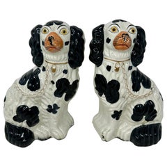 Pair Antique English Staffordshire Pottery Dogs in Black & White, Circa 1890's.