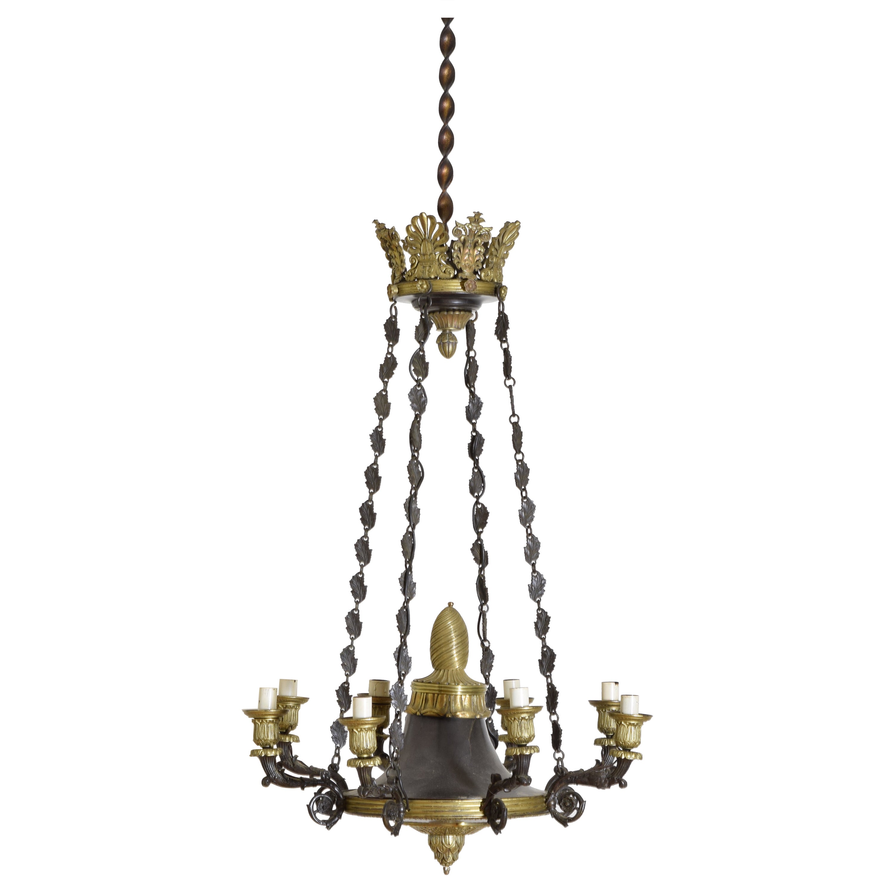 Patinated Metal and Brass French Empire Period 8-Arm Chandelier, ca. 1810 For Sale