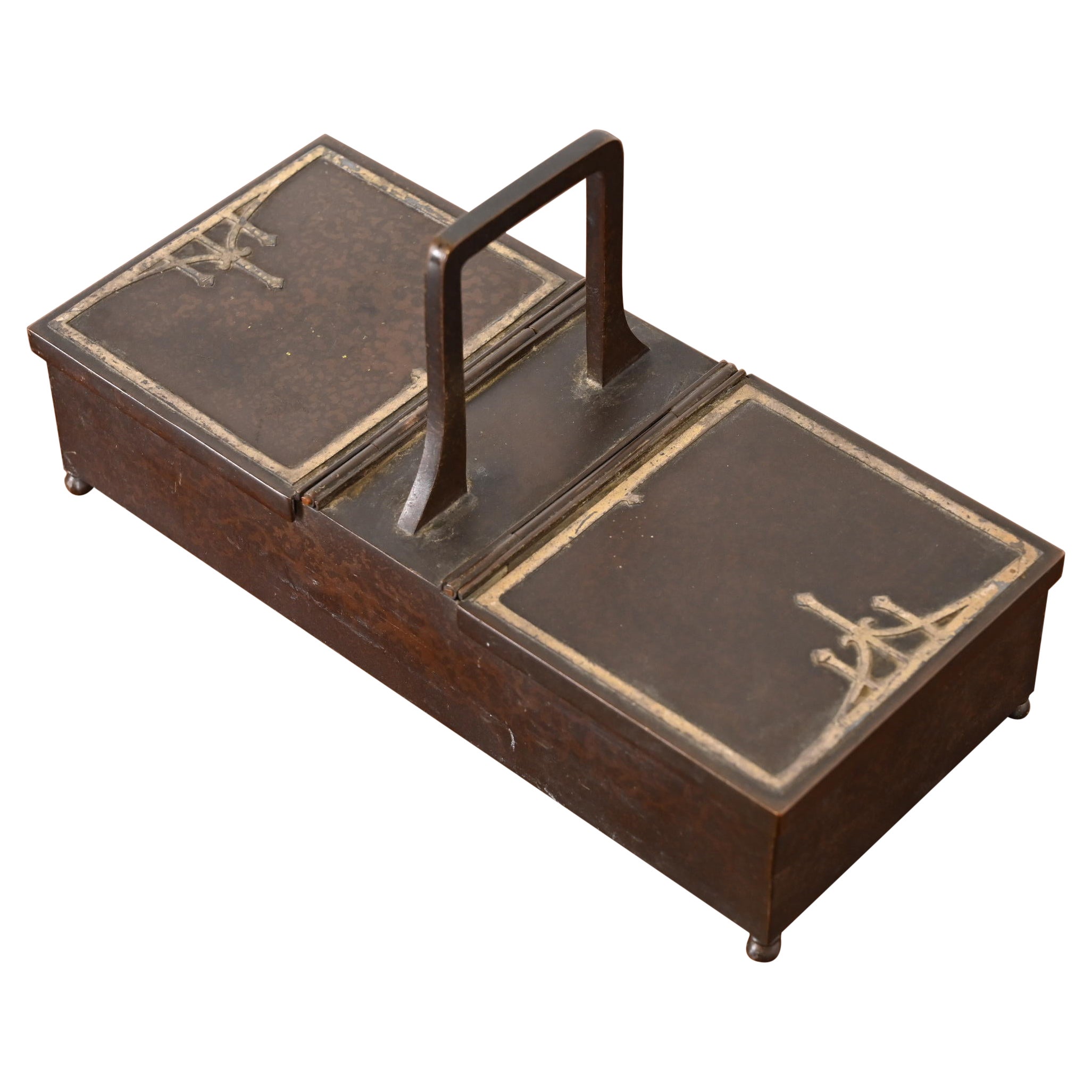 Caja para cigarrillos o humidificador doble Heintz Arts & Crafts de plata de ley sobre bronce
