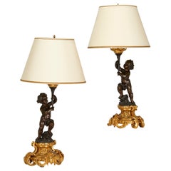 Antique Tall 19th C. Louis XVI Style Bronze Figural Table Lamps with Card Shade - A Pair
