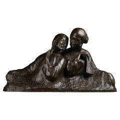 Vintage Gaston Hauchecorne : "The confidants", patinated bronze sculpture C. 1930 