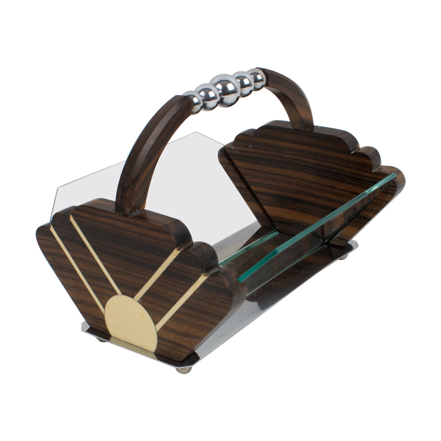 Centrotavola in legno di Macassar Art Deco con cesto in legno di cromo
