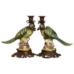 Pair of Early 20th Century French Faience Parrot Candle Holders on Bronze Bases