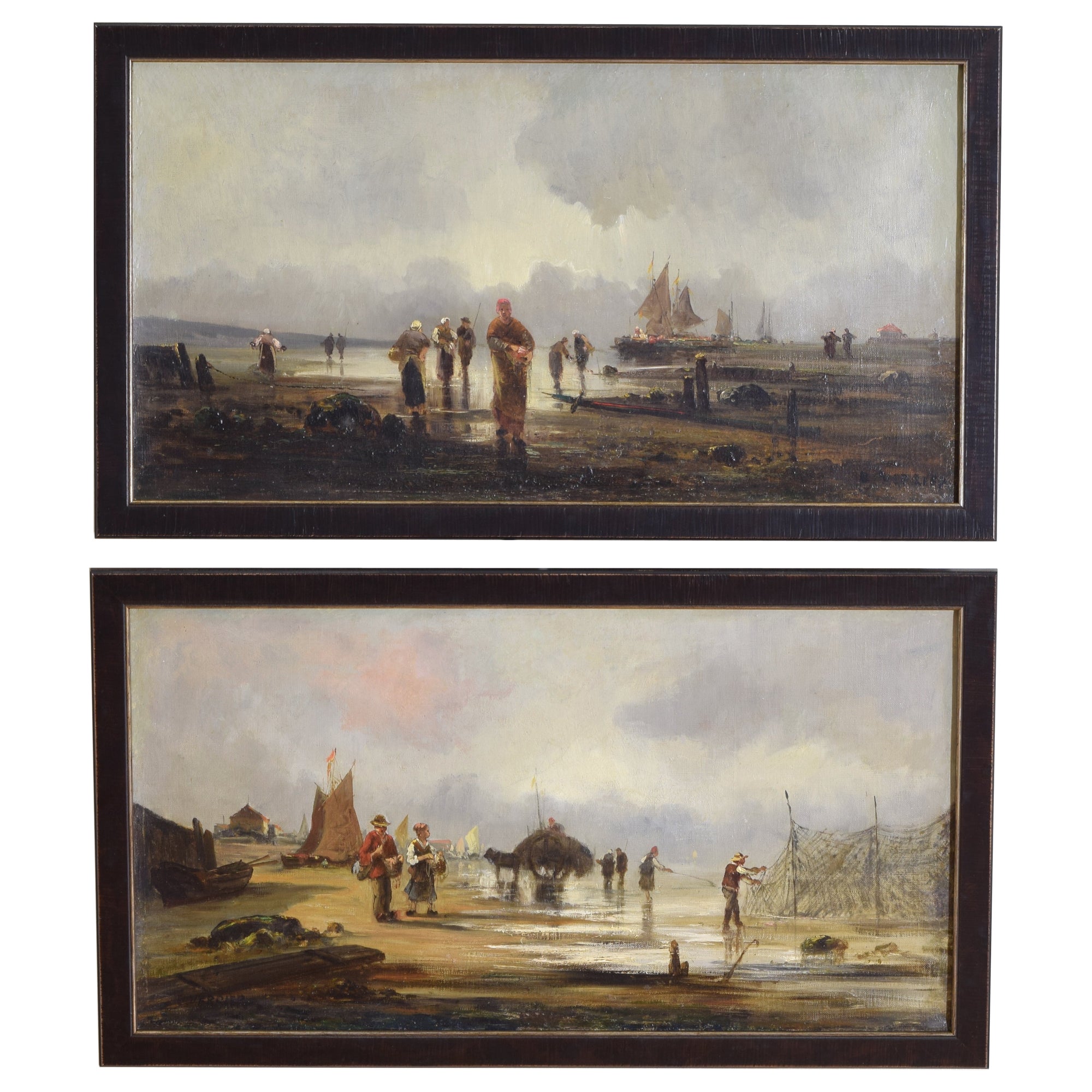 Pareja francesa de óleos sobre lienzo, Escenas de pesca costera, firmados Verrier, ca. 1885 en venta
