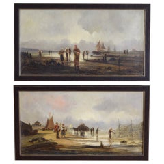French Pair of Oils on Canvas, Coastal Fishing Scenes, signed Verrier, ca. 1885