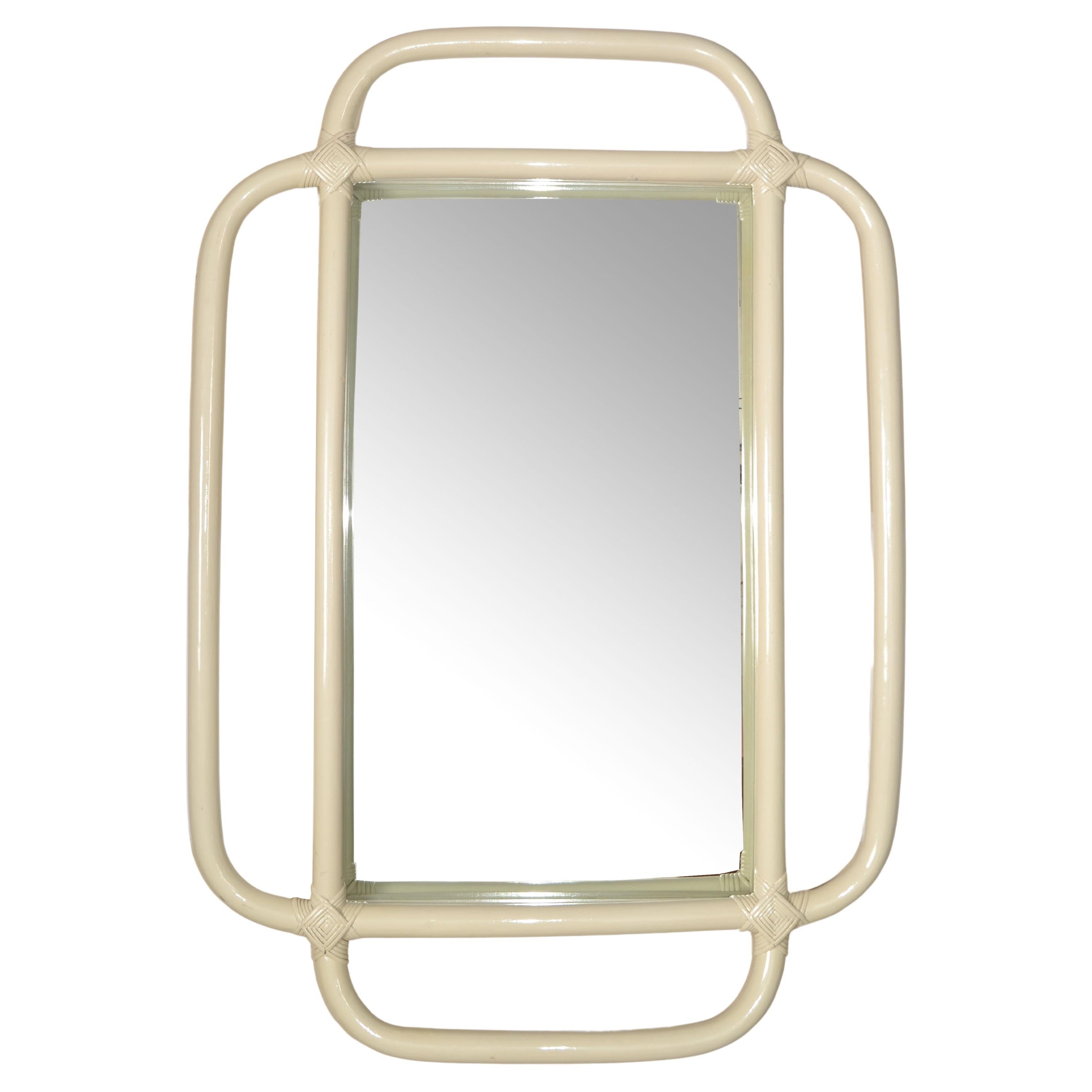 1960s Bohemian Bent Bamboo Rattan Beige Rectangle Wall Mirror Hollywood Regency