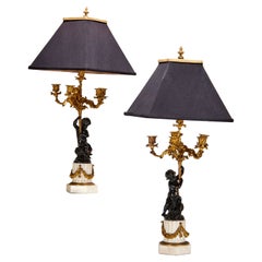 19th C. Louis XVI Style Painted and Gilt Bronze Candelabra Lamps with Shades