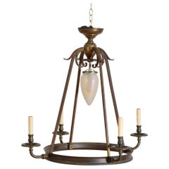 Italian Late Art Deco 5-Light Patinated Brass Ring Chandelier, 2nd quarter 20thc