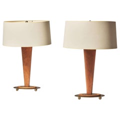 Pair of Walnut and Brass Table Lamps