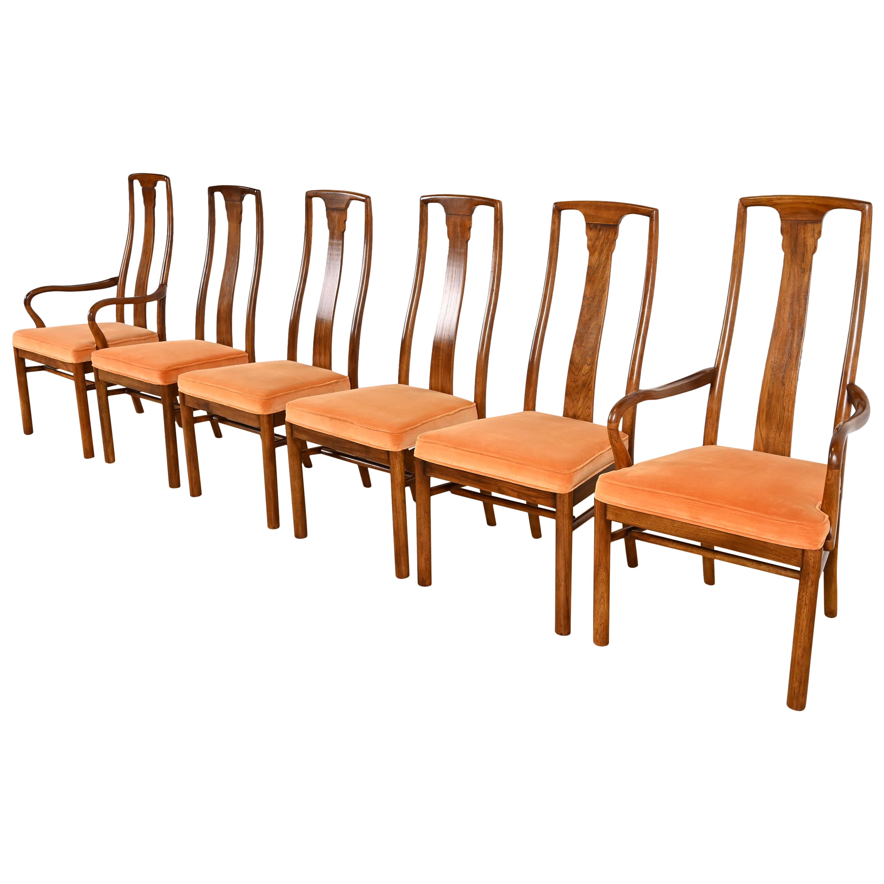 Drexel Heritage Mid-Century Modern Walnut High Back Dining Chairs, Set of Six