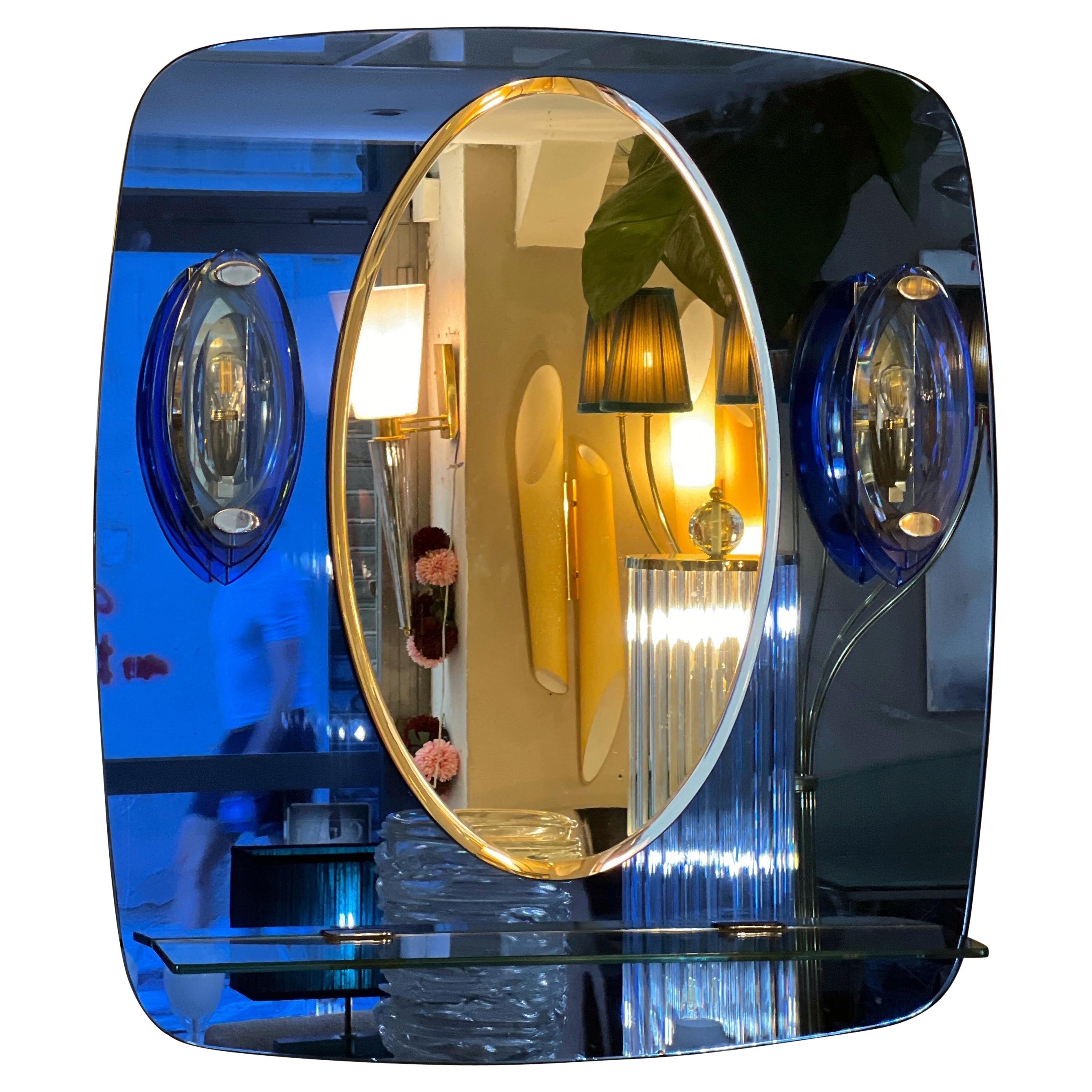 Vintage Blue Mirror with Sconces by Cristal Art, Turin Italy 1960s For Sale