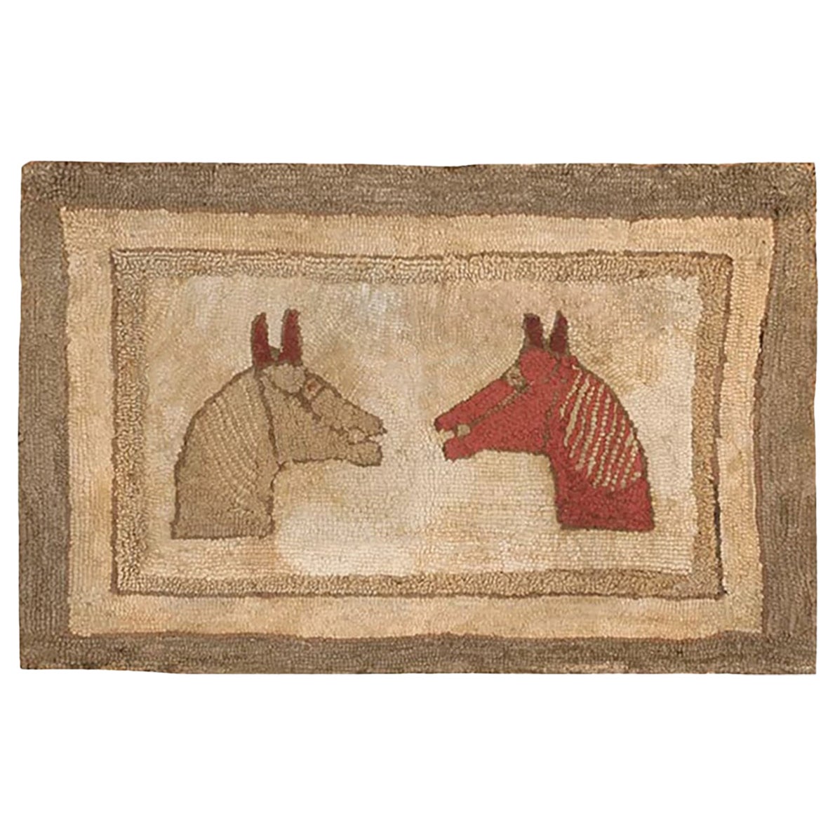 Small Scatter Size Antique Horse Design American Hooked Folk Art Rug 1'11" x 3'