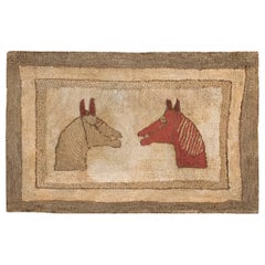Small Scatter Size Antique Horse Design American Hooked Folk Art Rug 1'11" x 3'