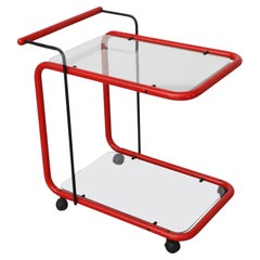 Carrito de bar rodante de dos niveles con marco rojo y rejilla de cristal, estilo Memphis Post Modern