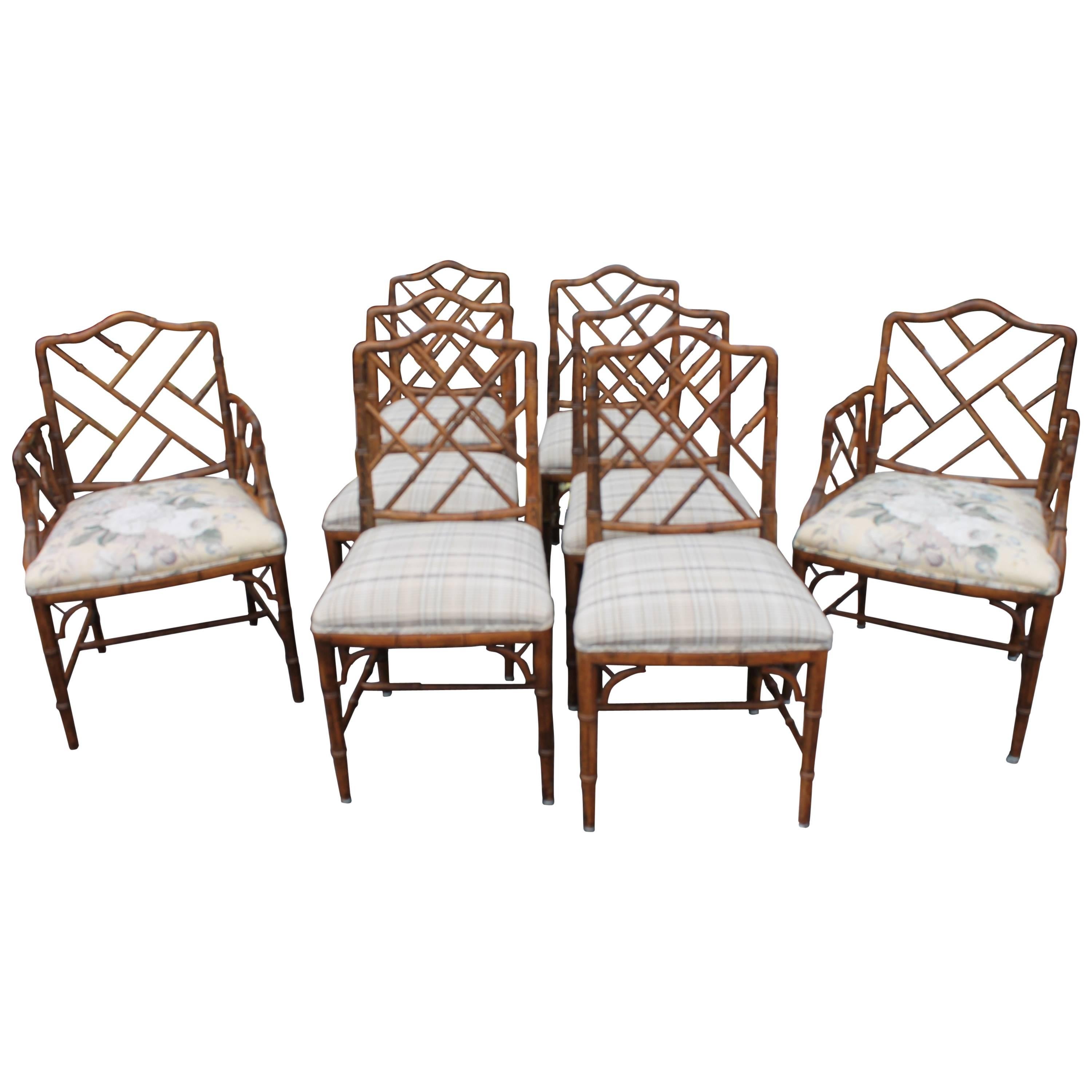 Set of Eight Century Faux Bamboo Chinese Chippendale Fretwork Dining Armchairs