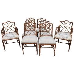 Set of Eight Century Faux Bamboo Chinese Chippendale Fretwork Dining Armchairs