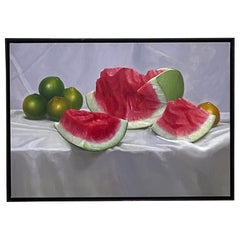 Vintage Boho Watermelon Still Life Oil on Canvas