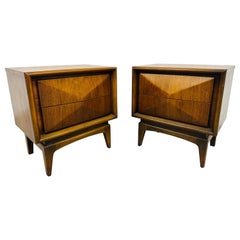 Vintage Mid-Century Modern United Diamond Walnut Nightstands - Set of 2