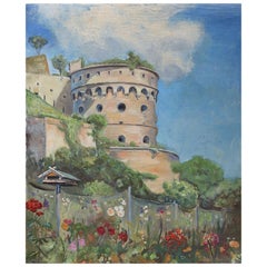 Vintage Mid 20th Century Painting Maschikuli Tower Wurzburg Germany