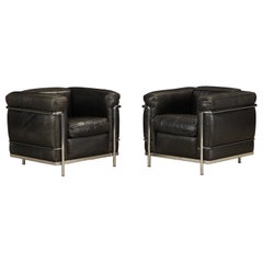 Pair of 'LC2' Leather Club Chairs by Le Corbusier for Cassina, c 1990s, Signed