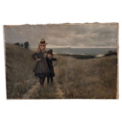 Victorian Oil Painting of Young Girls on a Beach