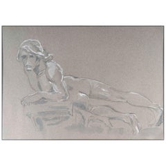 Disegno a matita e acquerello su carta di un uomo sdraiato, XX secolo.