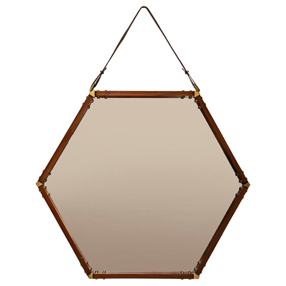 Hexagonal Teak Mirror with Brass and Leather, Italy 1960s
