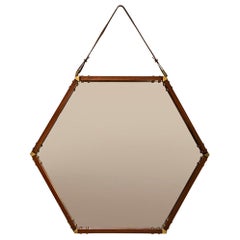 Vintage Hexagonal Teak Mirror with Brass and Leather, Italy 1960s