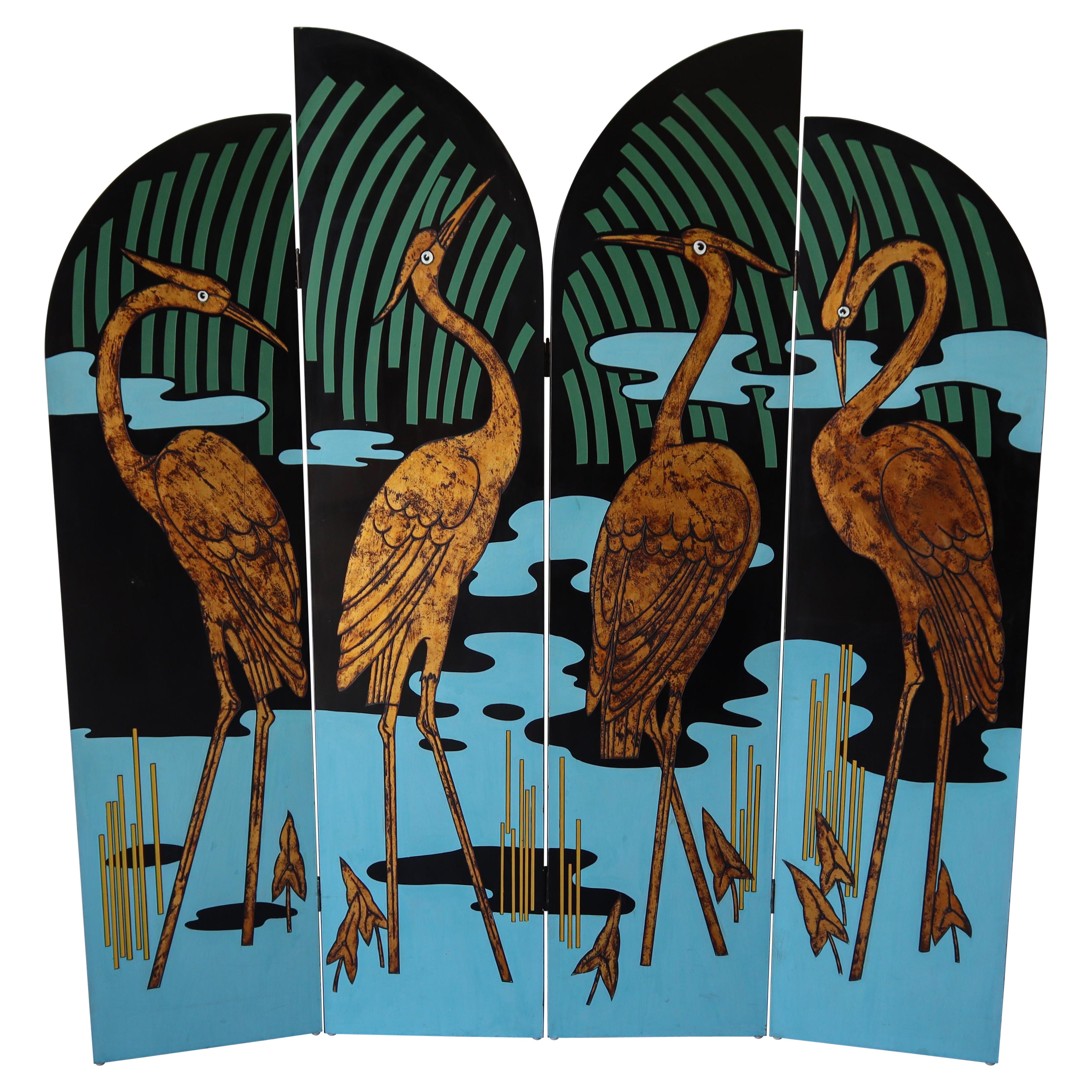 Vintage Hand Painted Four-Panel Screen Room Divider