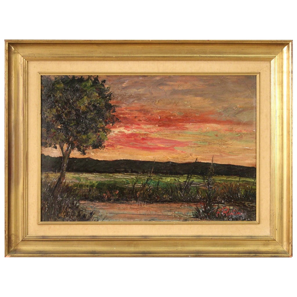 siglo XX Óleo sobre tabla Italiano Firmado F. Rontini Paisaje Puesta de sol