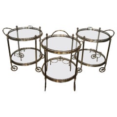 Rare Set of 3 Round Silvered Brass Drinks Trolley by Maison Bagués